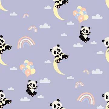 Seamless pattern with cute panda flies on balloons and playful teddy bear hangs Stock Illustration