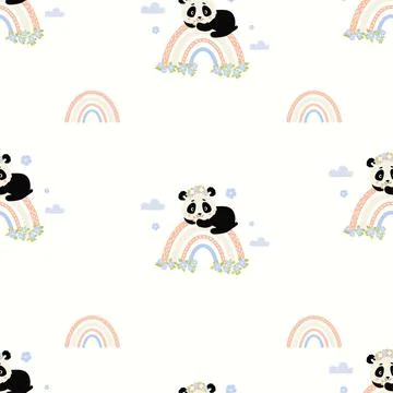 Seamless pattern with cute panda in flower wreath lying on rainbow on white back Illustrazione stock