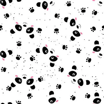 Seamless pattern with cute panda, footprint on white background. Funny asian Stockillustratie