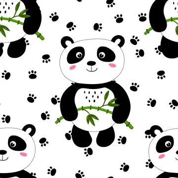 Seamless pattern with cute panda, footprint on white background. Funny asian Stockillustratie