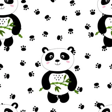 Seamless pattern with cute panda, footprint on white background. Funny asian Stock Illustration