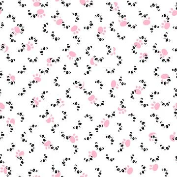 Seamless pattern with cute panda, footprint on white background. Funny asian Stock Illustration
