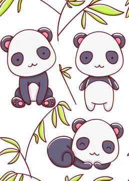 Seamless pattern cute panda kawaii cartoon hand drawn white background Stock Illustration