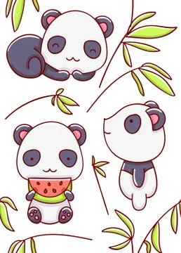 Seamless pattern cute panda kawaii cartoon hand drawn white background Stock Illustration
