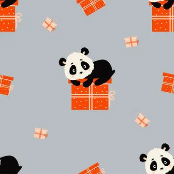 Seamless pattern. Cute panda lies on large gift on gray background with boxes Stock Illustration