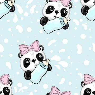 Seamless pattern cute panda with pink bow and milk bottle isolated on blue Stock Illustration