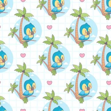 Seamless pattern with cute parrot with tropical palm trees on checkered whi.. Stockillustratie
