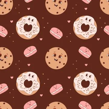 Seamless pattern with cute pastry. Cartoon sweet characters on brown backgr.. Illustrazione stock