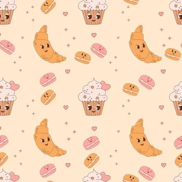 Seamless pattern with cute pastry . Cartoon characters croissant, macaron and 스톡 일러스트