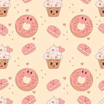 Seamless pattern with cute pastry characters. Cartoon donut, macaron and ca.. 스톡 일러스트