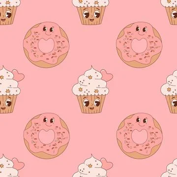 Seamless pattern with cute pastry characters. Groovy cartoon donut and cake.. Illustrazione stock