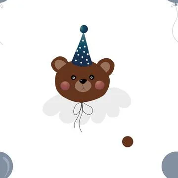 Seamless pattern cute pattern teddy bear in a festive hat with a cloud. Stock Illustration