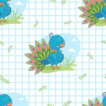 Seamless pattern with cute peacock on checkered white background. Funny car.. Stock Illustration