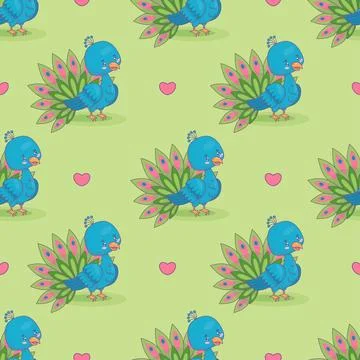 Seamless pattern with cute peacock on green background with hearts. Funny c.. Stock Illustration