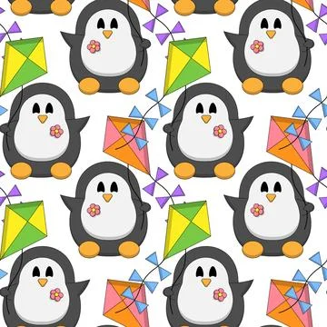 Seamless pattern with cute Penguin and kite Stock Illustration