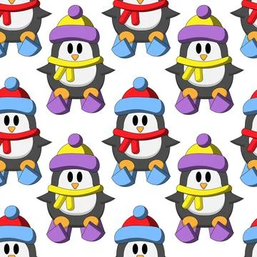Seamless pattern with Cute Penguin with skiing Stock Illustration