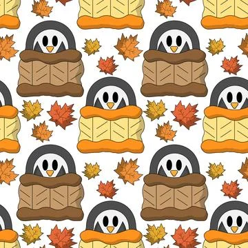 Seamless pattern with Cute Penguin in sweater and leaf Illustrazione stock