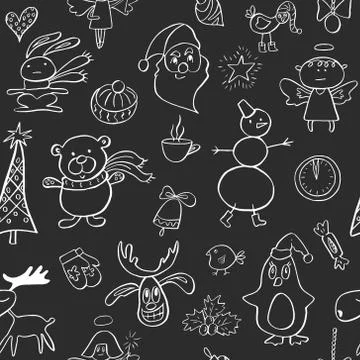 Seamless pattern with cute penguin,reindeer,bear, tree, angel, Santa, watch,  Stock Illustration