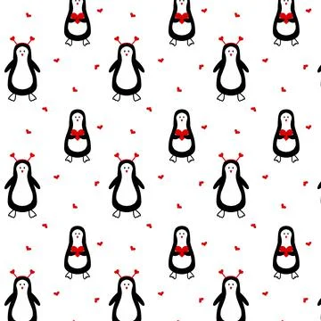 Seamless pattern with cute penguins and hearts. Stock Illustration