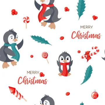 Seamless pattern with cute penguins. Hand-drawn vector illustration background Stock Illustration