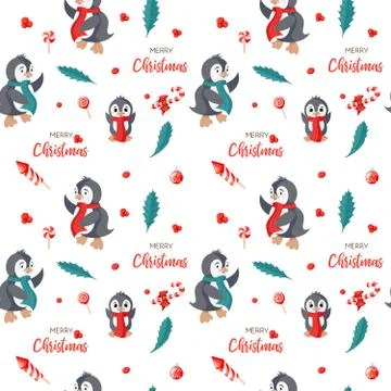 Seamless pattern with cute penguins. Hand-drawn vector illustration background Stockillustratie