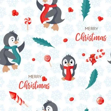 Seamless pattern with cute penguins. Hand-drawn vector illustration background Stockillustratie