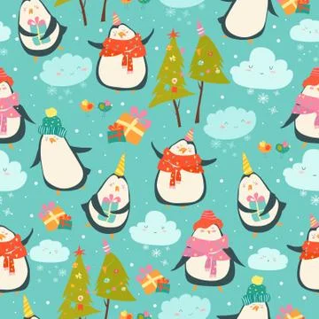 Seamless pattern with cute penguins Stock Illustration