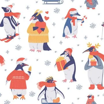 Seamless pattern with cute penguins in winter, vector illustration. Stock Illustration