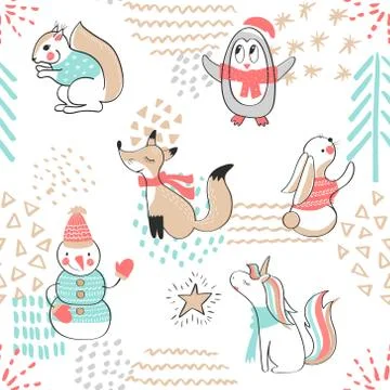 Seamless pattern with cute penguin,snowman, Fox,unicorn, squirrel and rabbit. Stock Illustration