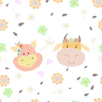 Seamless pattern with cute Pets in cartoon style. Portrait of a cow and a pig Stock Illustration