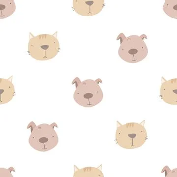 Seamless pattern with cute pets, dog, cat. simple flat vector. Hand drawing f Stock Illustration