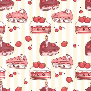 Seamless pattern with cute Piece of birthday cake with cherries, strawberri.. Stock Illustration