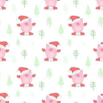Seamless pattern of a cute pig in a New Year's cap, mittens and boots on a ba Illustrazione stock