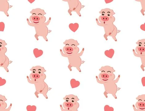 Seamless pattern cute piggy with hearts on white background  Illustrazione stock