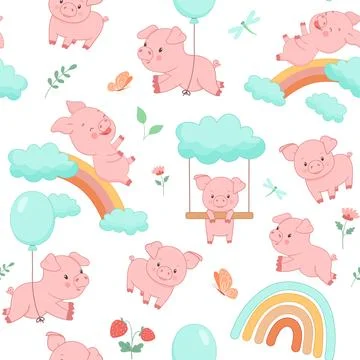 Seamless pattern with cute piggy on rainbow and flying with balloon. Funny farm Stock Illustration