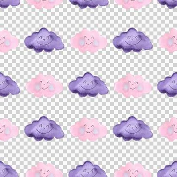 Seamless pattern of cute pink and stormy purple clouds with faces, hand painted 스톡 일러스트