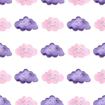 Seamless pattern of cute pink and stormy purple clouds with faces, hand paint Illustrazione stock