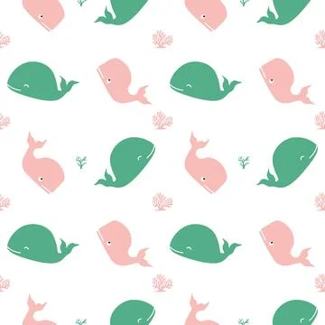 Seamless pattern with cute pink and green whales and corals Stock Illustration