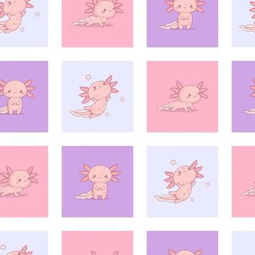 Seamless pattern with cute pink Axolotl. Funny multi-colored checkered back.. Stock Illustration