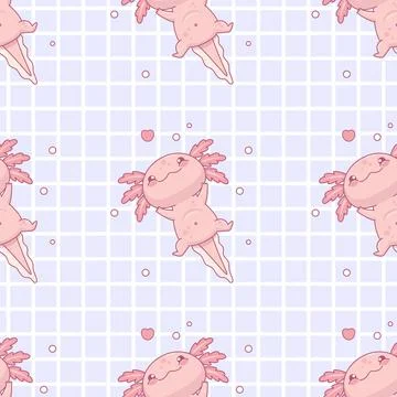 Seamless pattern with cute pink Axolotl on light blue checkered background... Illustrazione stock