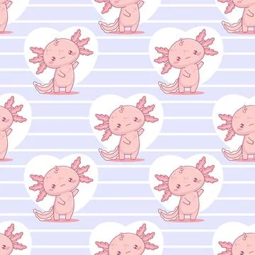 Seamless pattern with cute pink Axolotl with heart on light blue striped ba.. 스톡 일러스트