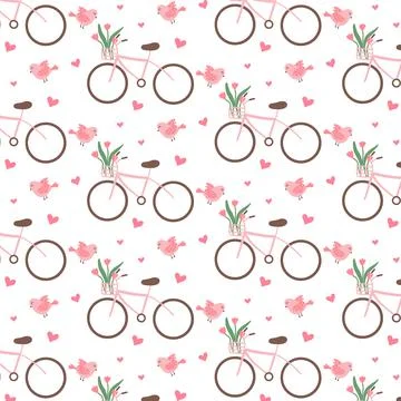 Seamless pattern with cute pink bike and birds. Stock Illustration