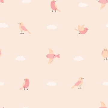 Seamless pattern with cute pink birds and clouds Stock Illustration