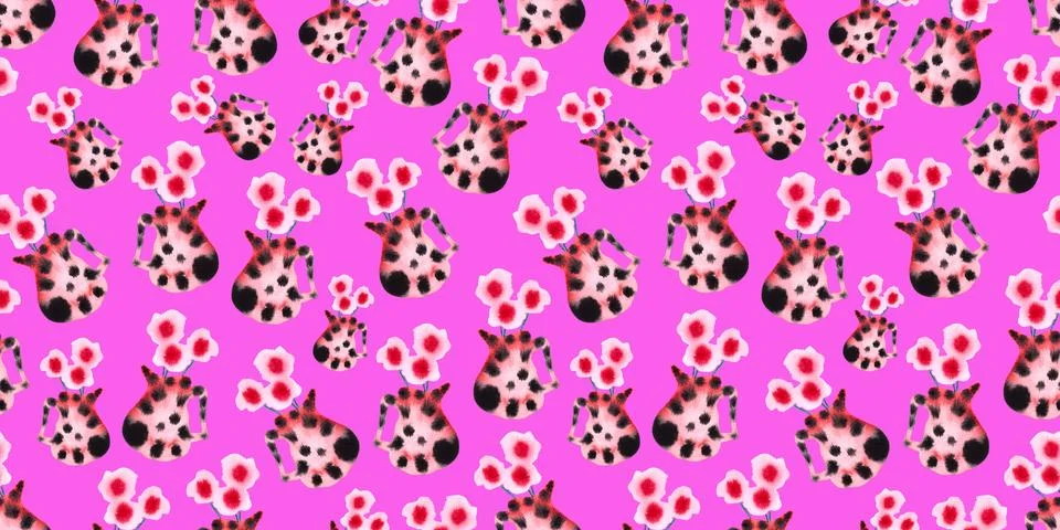 Seamless pattern of cute pink black fancy watercolor vase with flowers Stock Illustration
