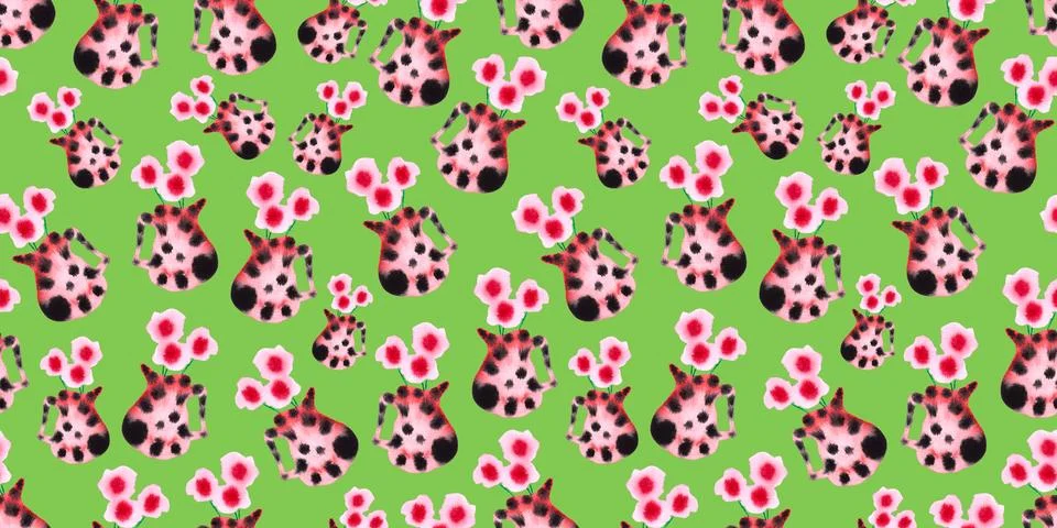 Seamless pattern of cute pink black fancy watercolor vase with flowers Stock Illustration