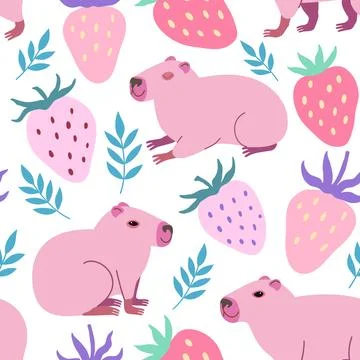 Seamless pattern with cute pink capybara, and strawberry berries. Vector ha.. Stock Illustration