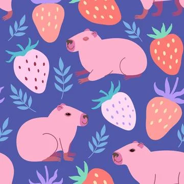 Seamless pattern with cute pink capybara, and strawberry berries. Vector ha.. Stock Illustration