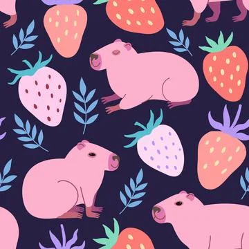 Seamless pattern with cute pink capybara, and strawberry berries. Vector ha.. Stock Illustration
