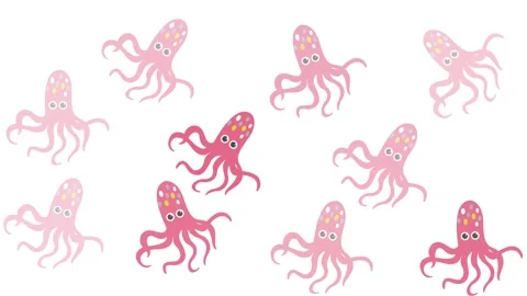 Seamless Pattern of Cute Pink Cartoon Octopuses Isolated on White Background Stock Footage 345539206