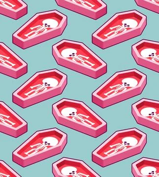 Seamless pattern of cute pink coffins with skeletons. Pastel gothic vector .. Stock Illustration